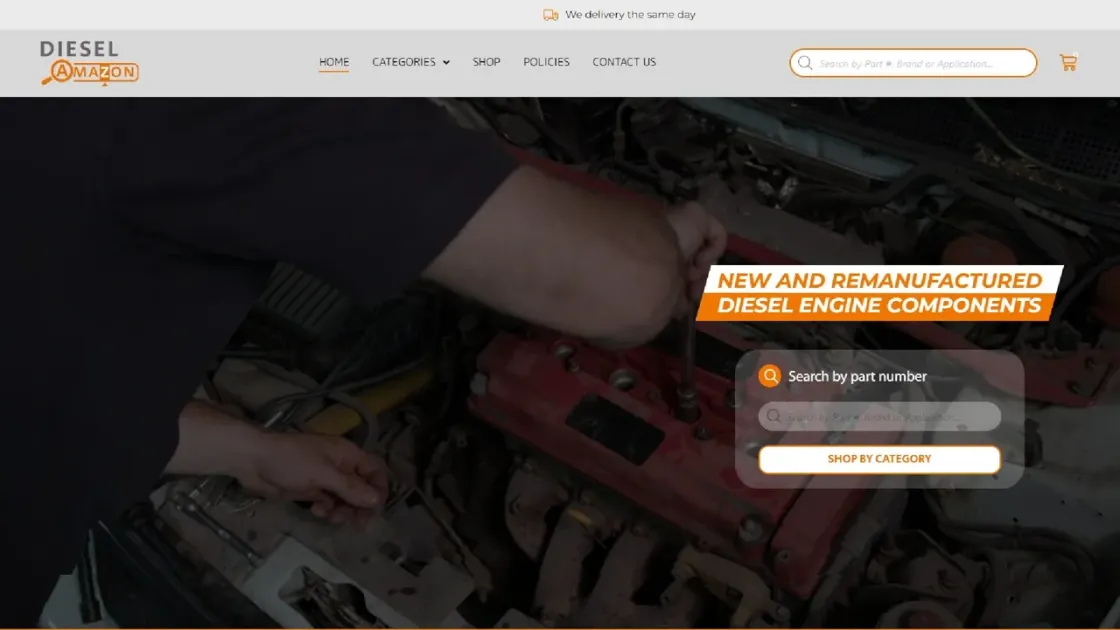 Portada en inglés de la tienda WooCommerce Diesel Amazon: buscador por número de pieza sobre un motor.