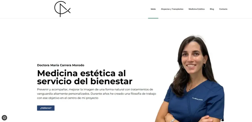 Captura de la web de la Dra. María Carrera, sitio de medicina estética y alopecias hecho en WordPress