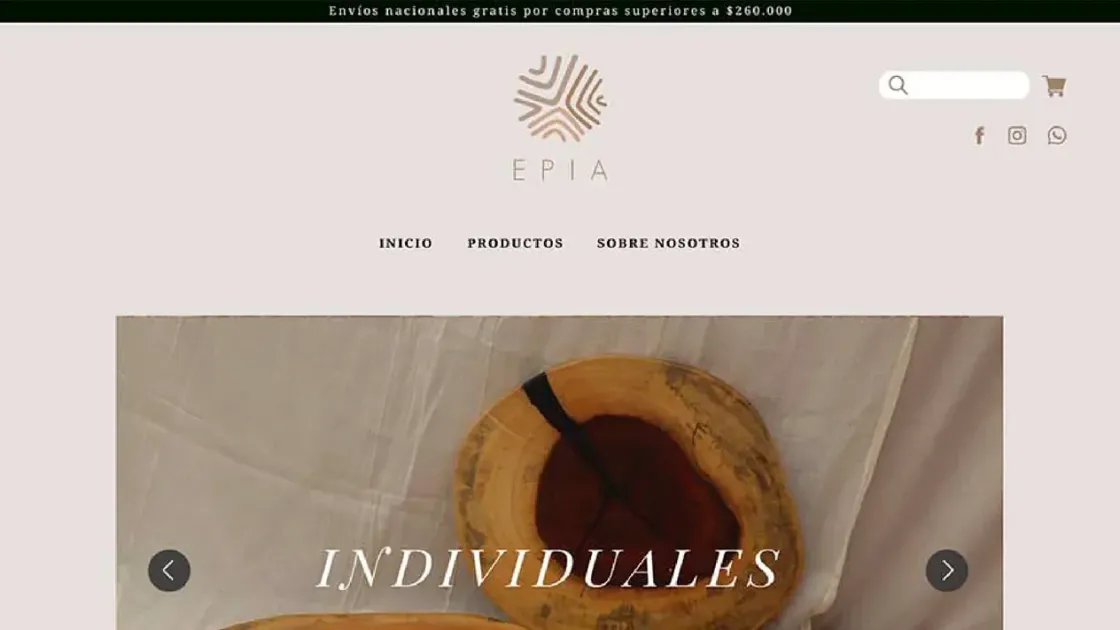 Captura de la tienda online Epia Hogar en WooCommerce, con el catálogo de piezas artesanales por uso.