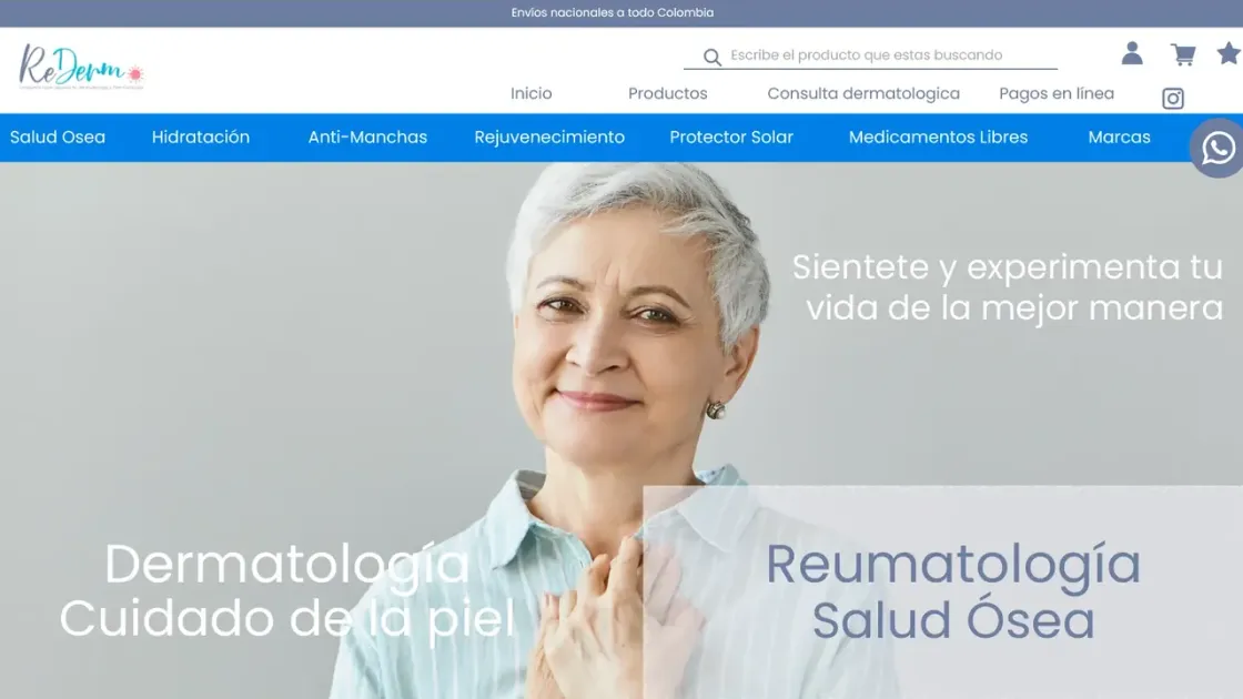 Captura de la tienda online de ReDerm, droguería de dermatología y reumatología en Cali, hecha con WooCommerce