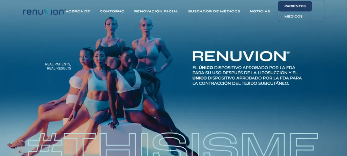 Captura de la web de Renuvion en Colombia, tecnología de plasma de helio para tensado de piel