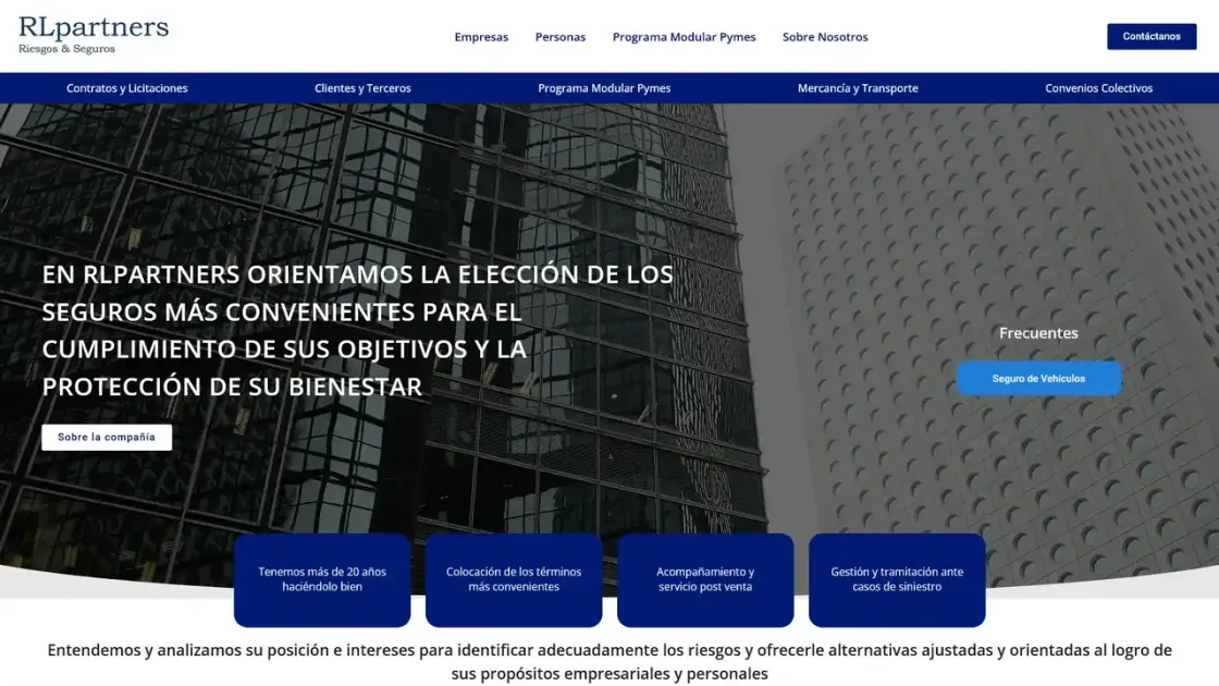 Captura de la web de RL Partners, intermediario de seguros de Cali, hecha en WordPress con Elementor