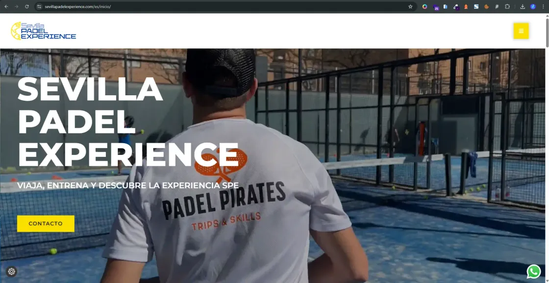 Portada de la web bilingüe de Sevilla Pádel Experience, viajes de pádel en Sevilla, hecha con WordPress
