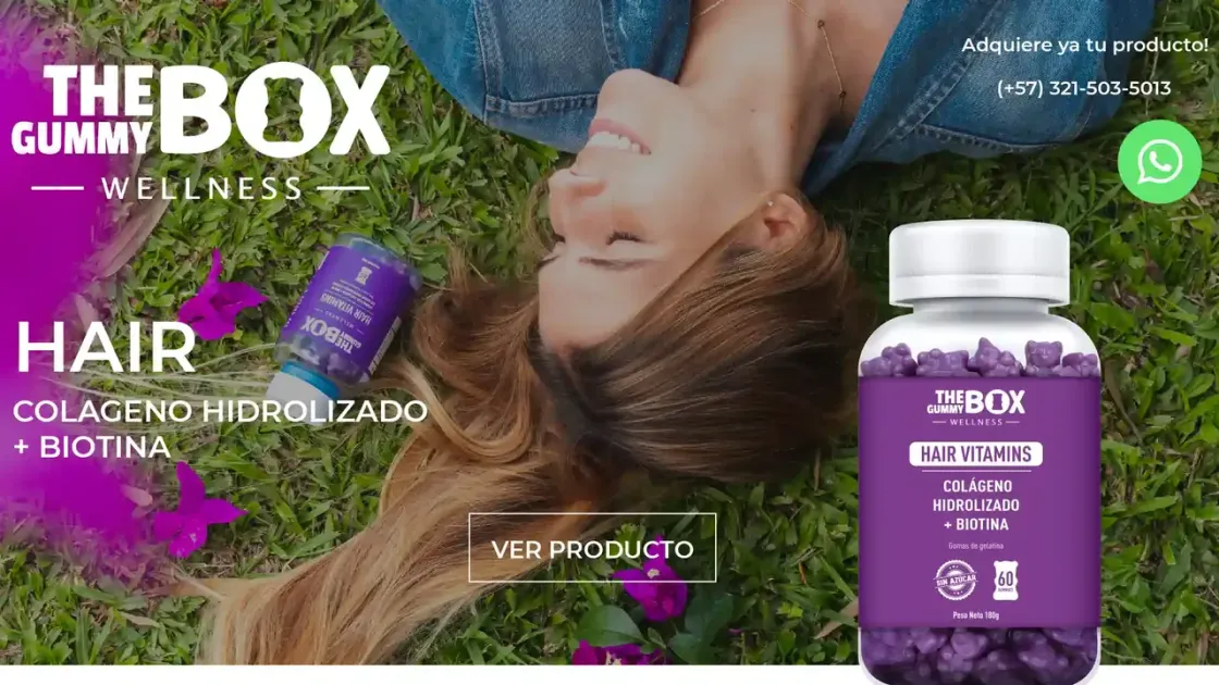Landing de Hair Vitamins de The Gummy Box con el bote de gomitas y botón de WhatsApp, hecha en WordPress